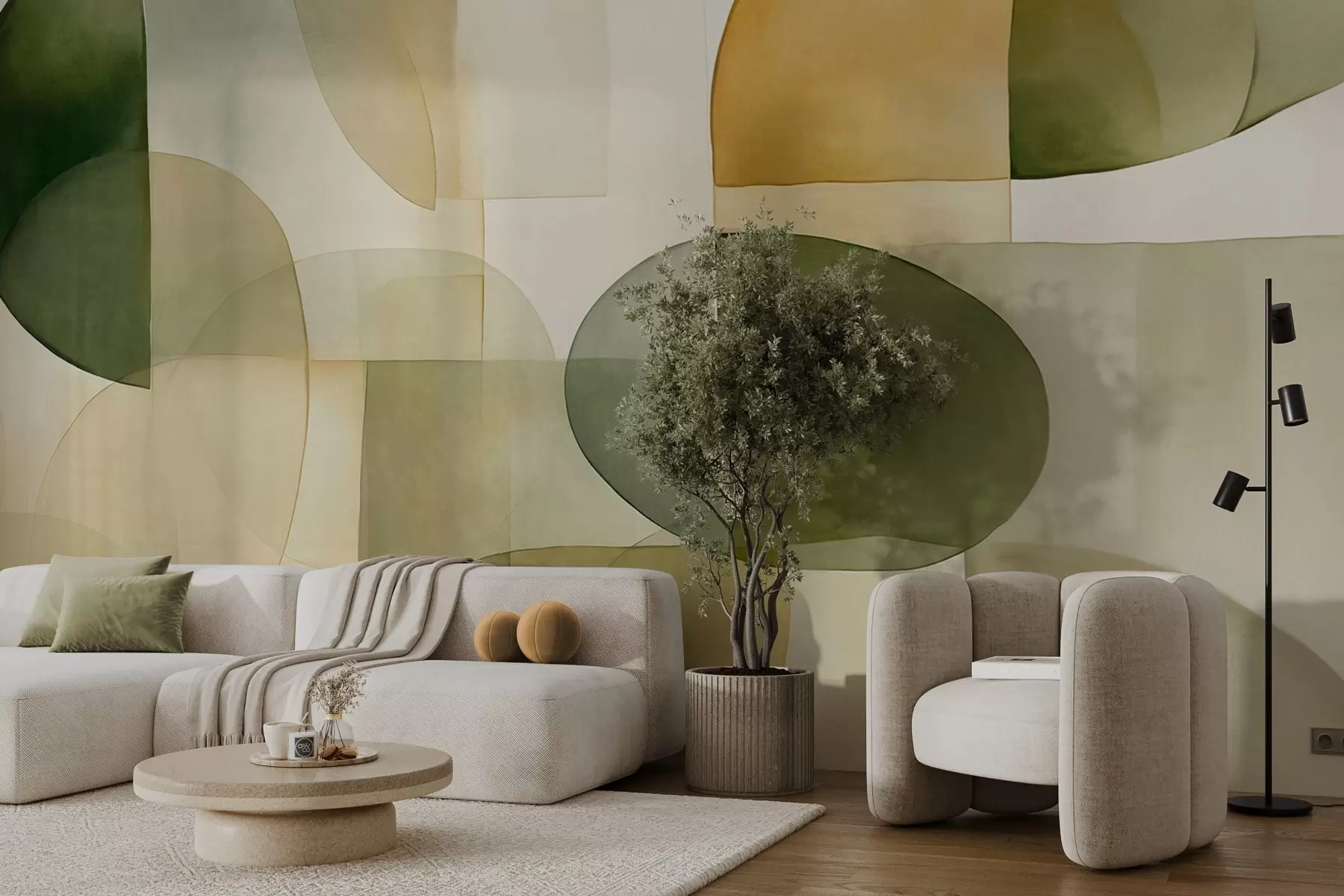 fototapet Forme abstracte texturate în nuanțe de verde și galben, tonuri discrete, compoziție minimalistă, fundal neutru w09467