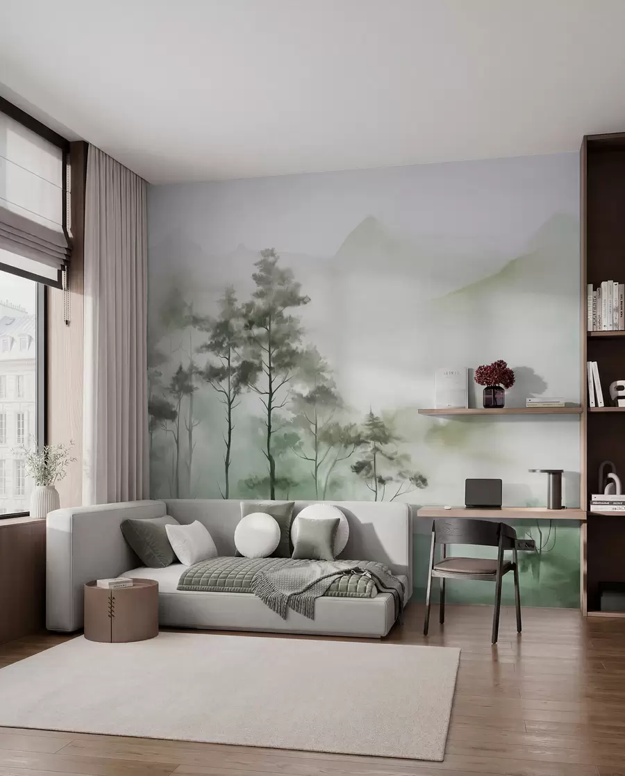 fototapet Peisaj încețoșat cu copaci înalți și munți în tonuri discrete de verde și gri, stil minimalist, texturat w09469