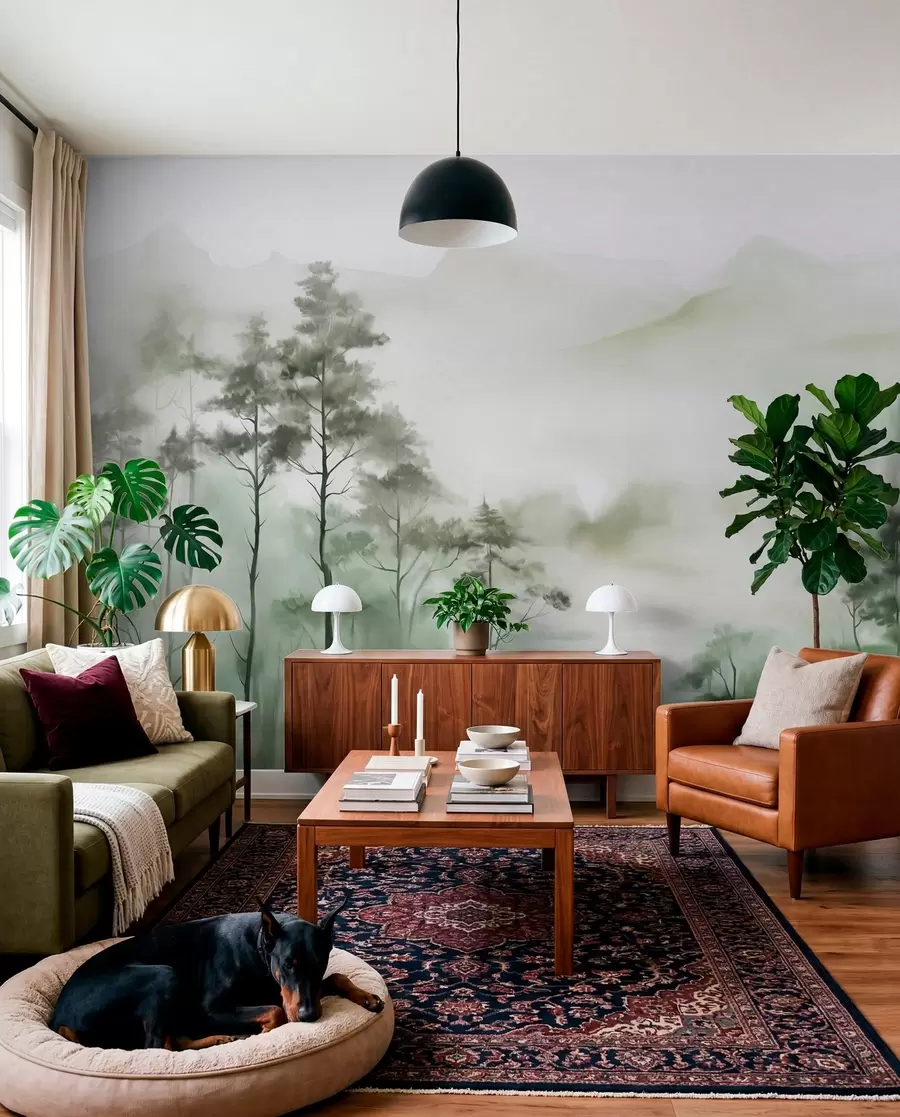 fototapet Peisaj încețoșat cu copaci înalți și munți în tonuri discrete de verde și gri, stil minimalist, texturat w09469