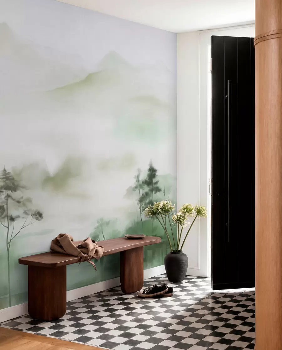 fototapet Peisaj încețoșat cu copaci înalți și munți în tonuri discrete de verde și gri, stil minimalist, texturat w09469