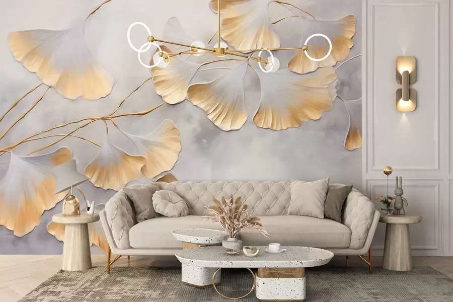 fototapet Frunze de Ginkgo biloba cu margini galbene pe o ramură, fundal texturat gri, design elegant și minimalist w09472