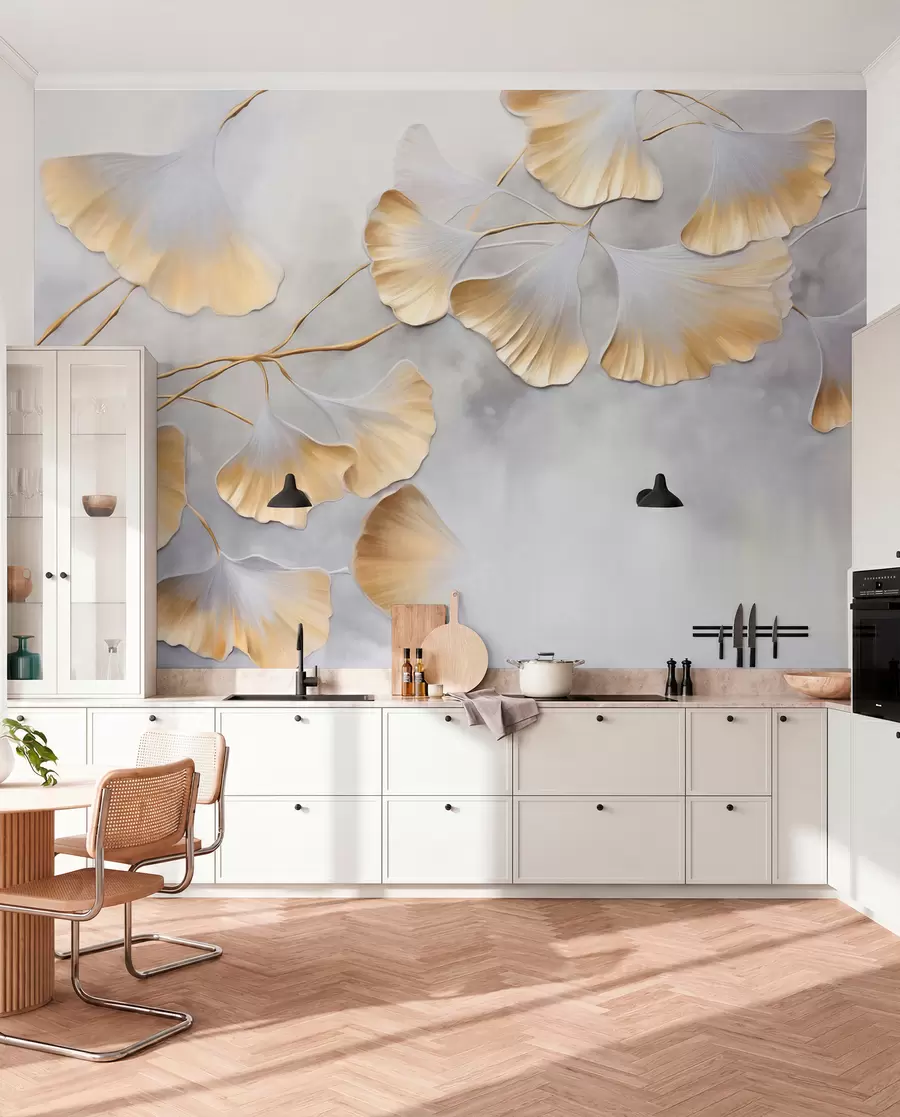 fototapet Frunze de Ginkgo biloba cu margini galbene pe o ramură, fundal texturat gri, design elegant și minimalist w09472