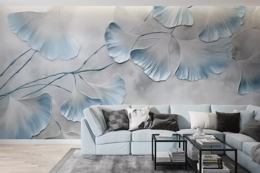fototapet Frunze de Ginkgo biloba cu margini albastre pe o ramură, fundal texturat gri, design elegant și minimalist w09472v1