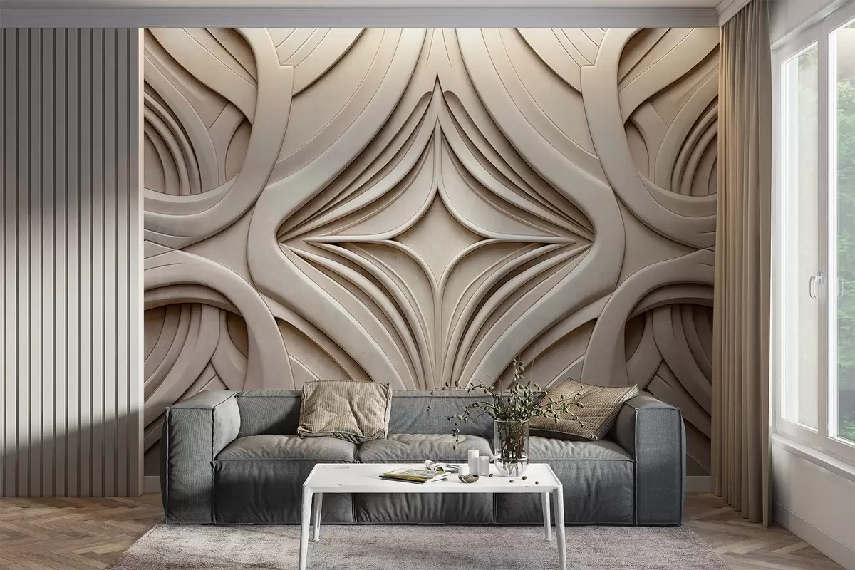 fototapet Imprimeu geometric abstract simetric texturat, culoare bej deschis, stil art deco, detalii complexe w09473