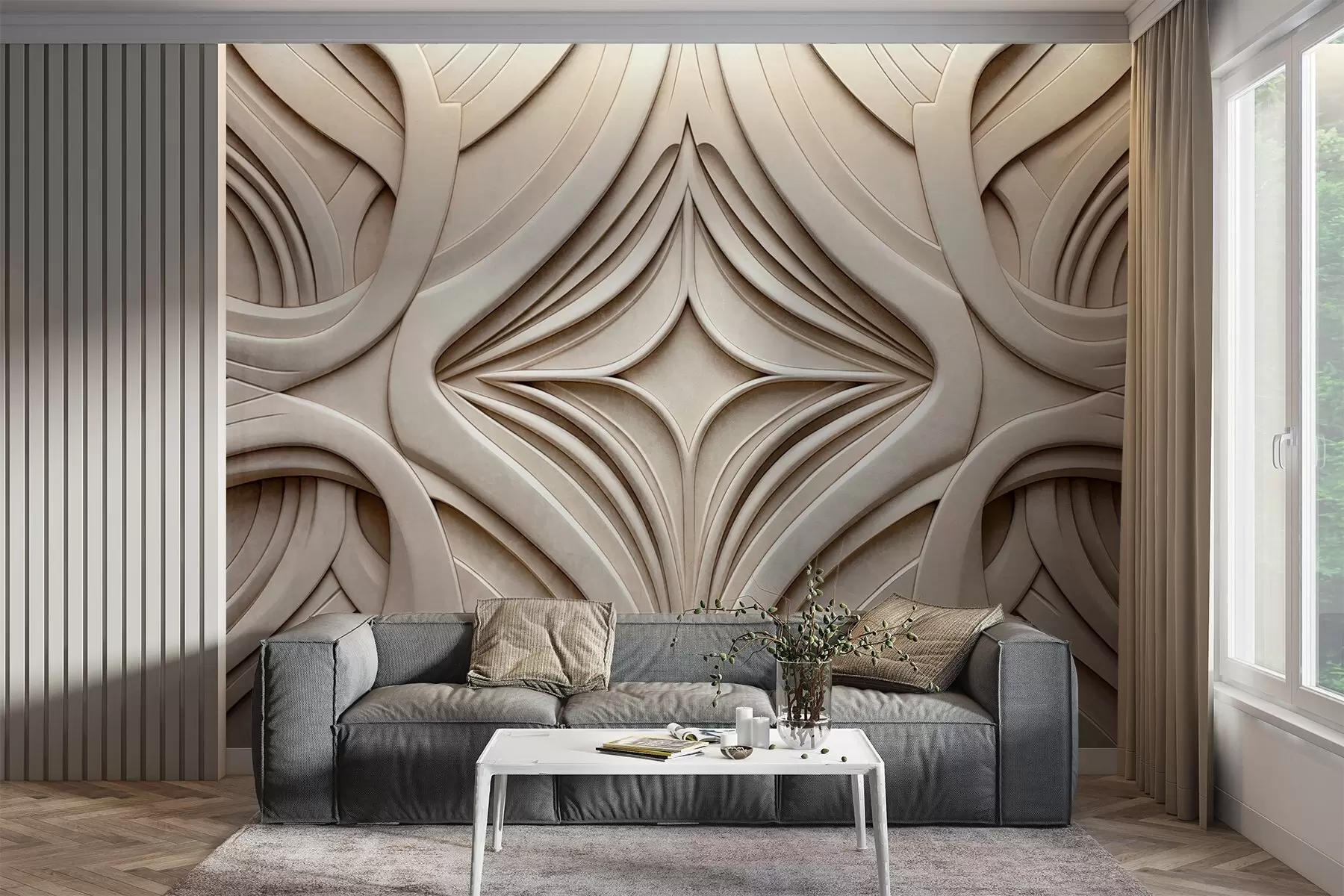 fototapet Imprimeu geometric abstract simetric texturat, culoare bej deschis, stil art deco, detalii complexe w09473
