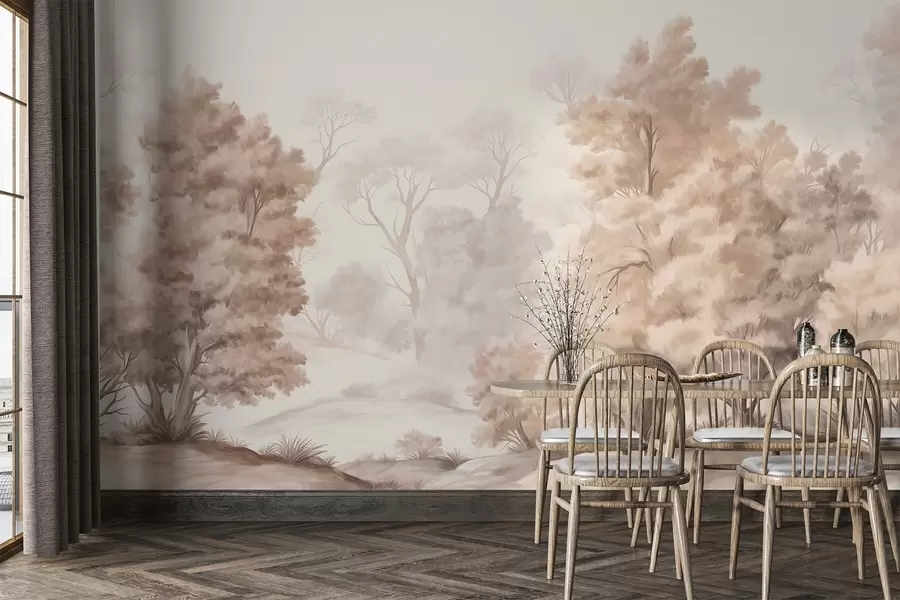 fototapet Pictură texturată care imită un peisaj forestier cu copaci înalți și iarbă, culori discrete și delicate, scenă liniștitoare w09474