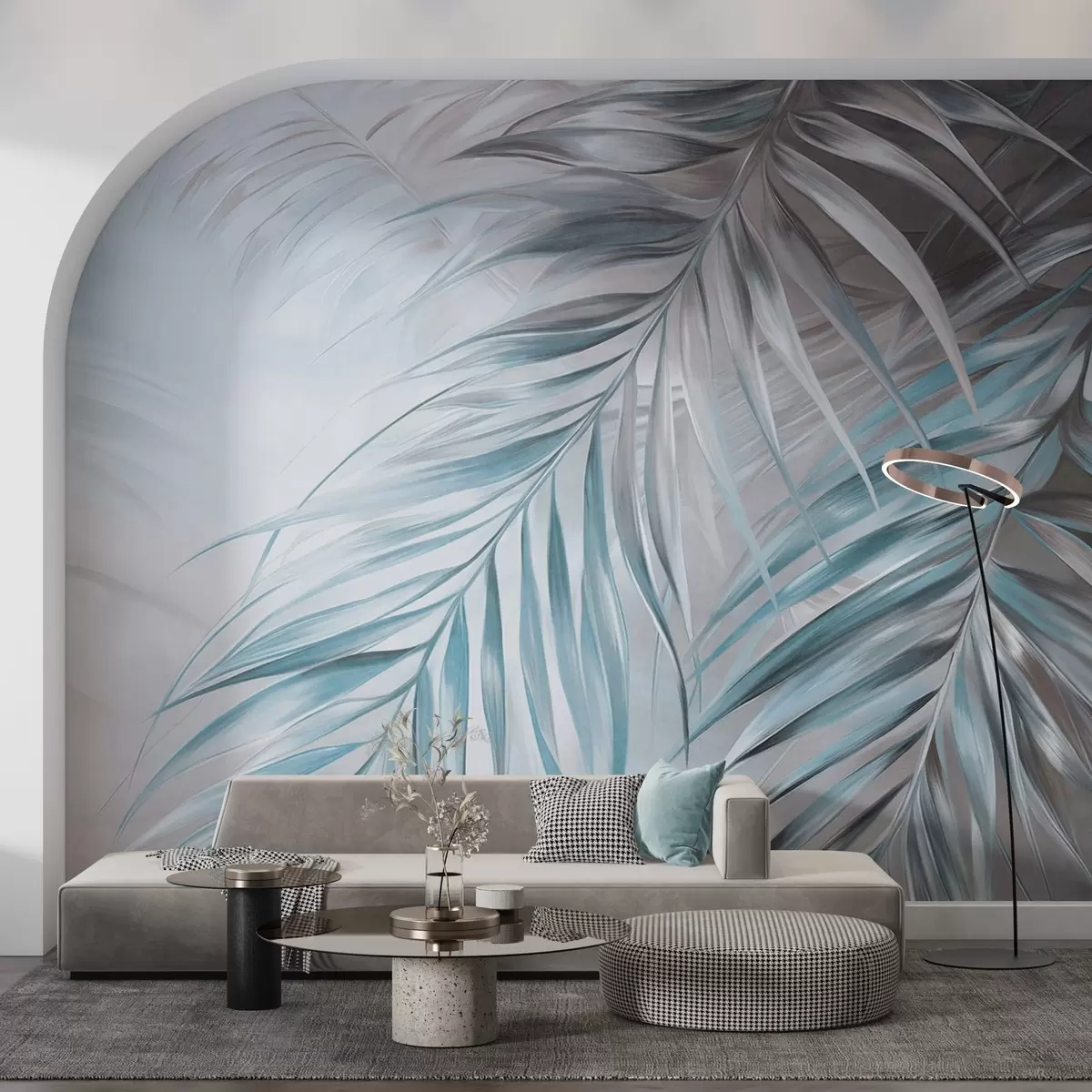 fototapet Frunze de palmier în nuanțe de gri și albastru, fundal texturat deschis cu culori delicate, stil tropical elegant w09475v1