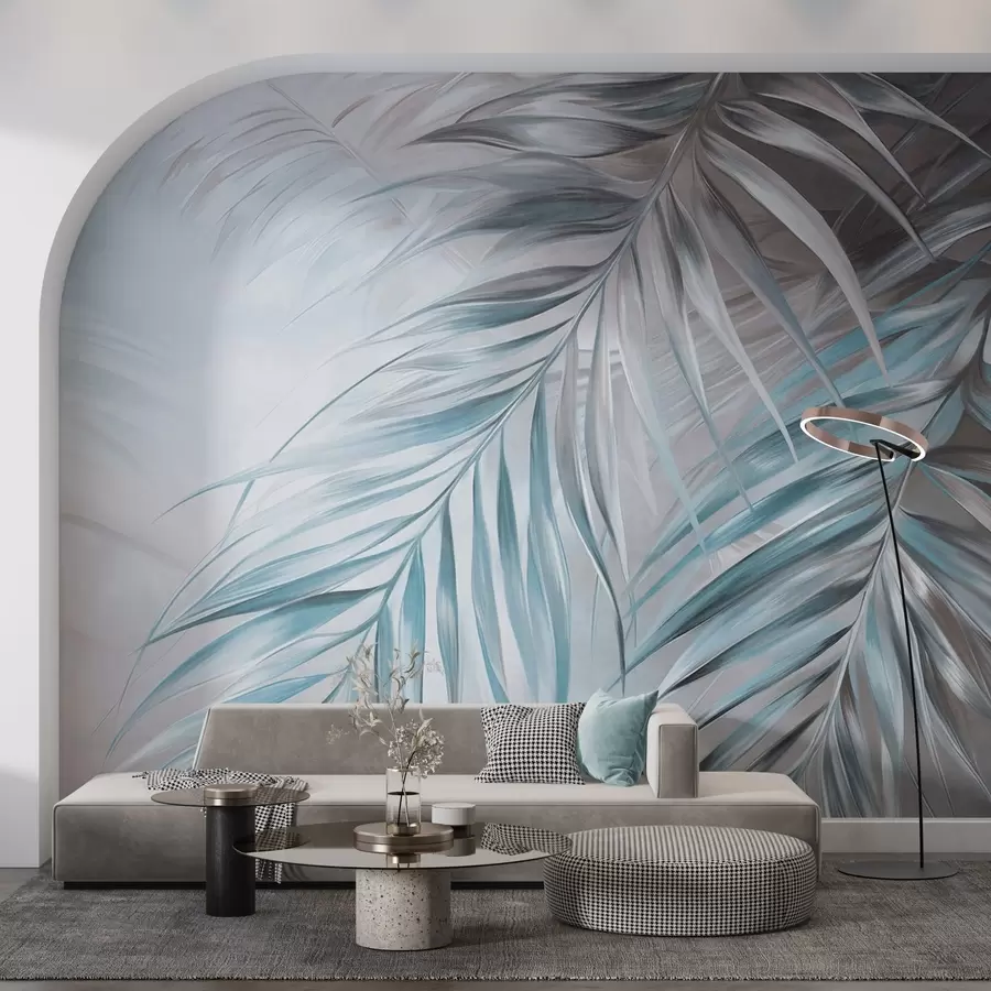 fototapet Frunze de palmier în nuanțe de gri și albastru, fundal texturat deschis cu culori delicate, stil tropical elegant w09475v1