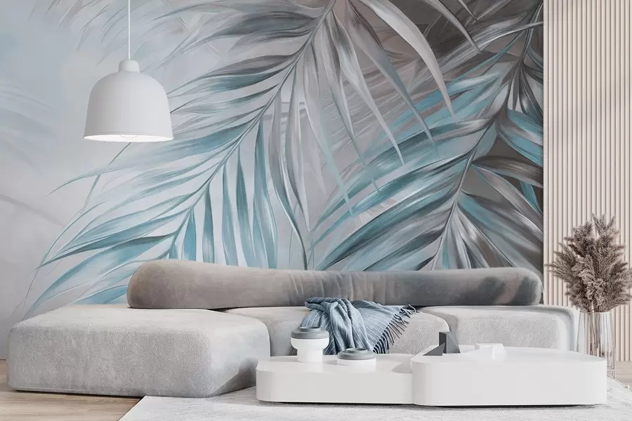 fototapet Frunze de palmier în nuanțe de gri și albastru, fundal texturat deschis cu culori delicate, stil tropical elegant w09475v1