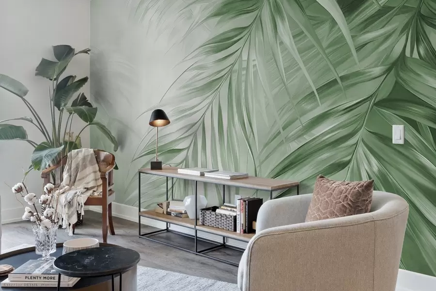 fototapet Frunze de palmier în nuanțe de verde, fundal cu textură ușoară și culori delicate, stil tropical elegant w09475v2