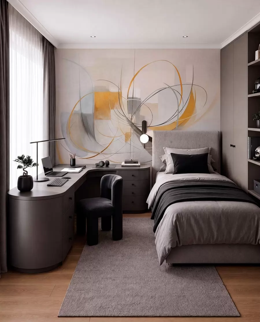 fototapet Stil de pictură modernă abstractă cu textură, linii curbe și forme geometrice în nuanțe de gri, alb și portocaliu w09476