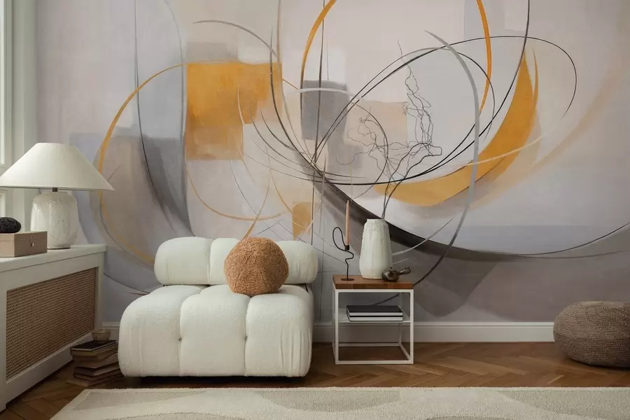 fototapet Stil de pictură modernă abstractă cu textură, linii curbe și forme geometrice în nuanțe de gri, alb și portocaliu w09476