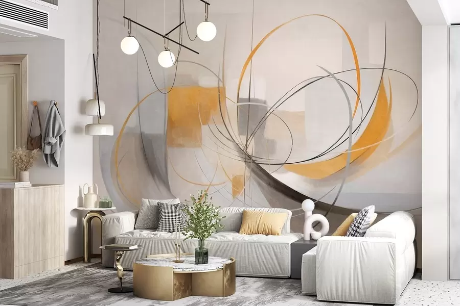 fototapet Stil de pictură modernă abstractă cu textură, linii curbe și forme geometrice în nuanțe de gri, alb și portocaliu w09476