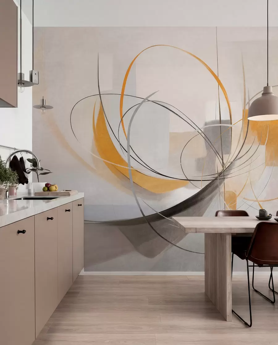 fototapet Stil de pictură modernă abstractă cu textură, linii curbe și forme geometrice în nuanțe de gri, alb și portocaliu w09476