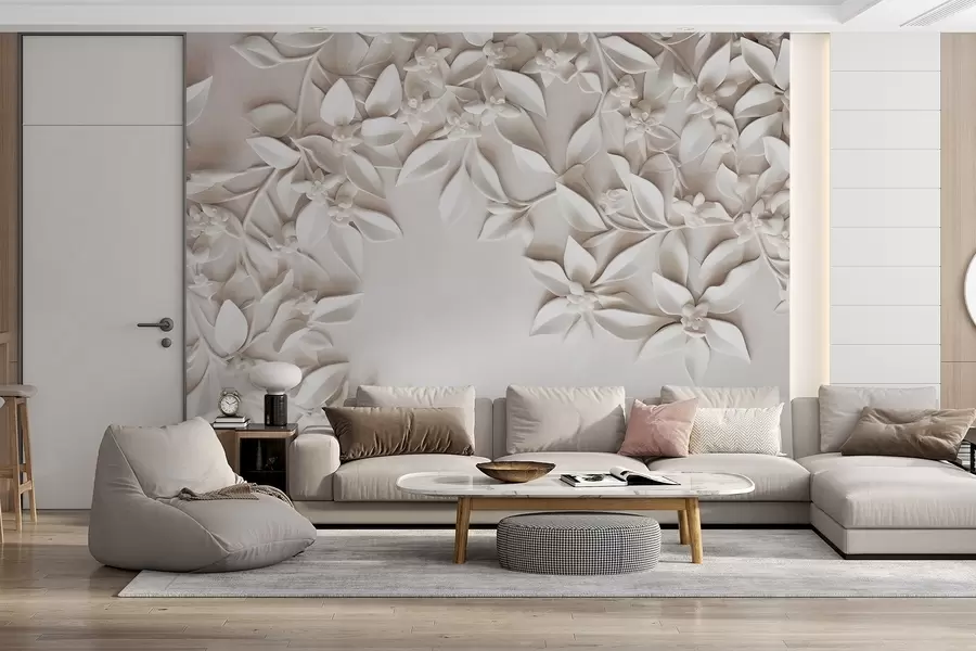 fototapet Flori și frunze albe texturate, aranjament floral, design elegant, stil minimalist, artă decorativă w09479