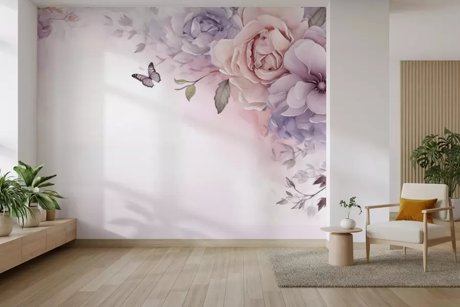 fototapet Flori delicate de culoare roz și liliac cu un fluture w04711