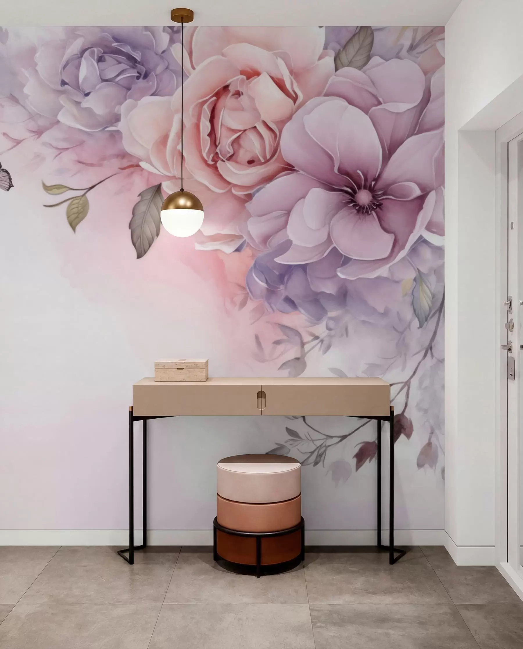 fototapet Flori delicate de culoare roz și liliac cu un fluture w04711