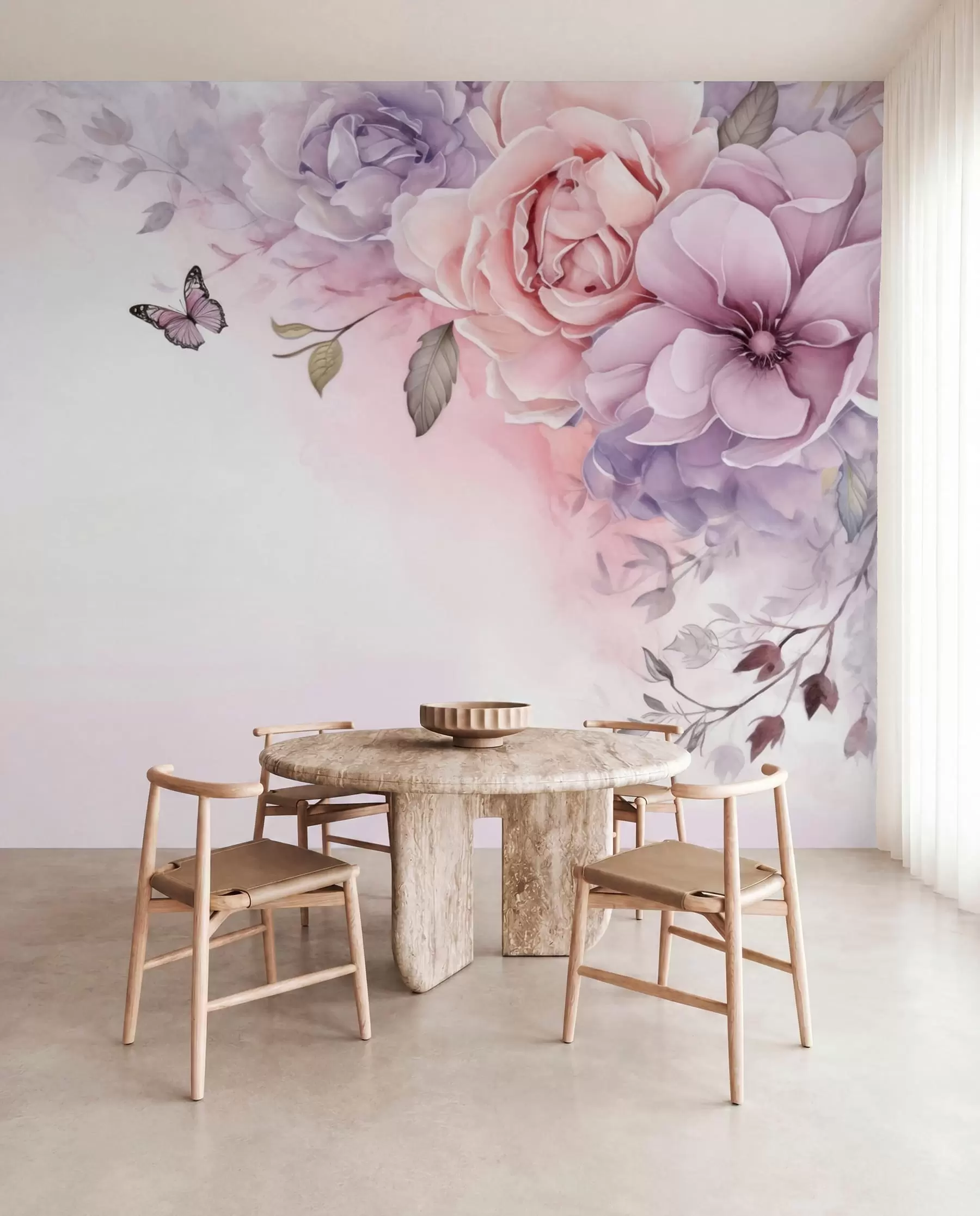 fototapet Flori delicate de culoare roz și liliac cu un fluture w04711