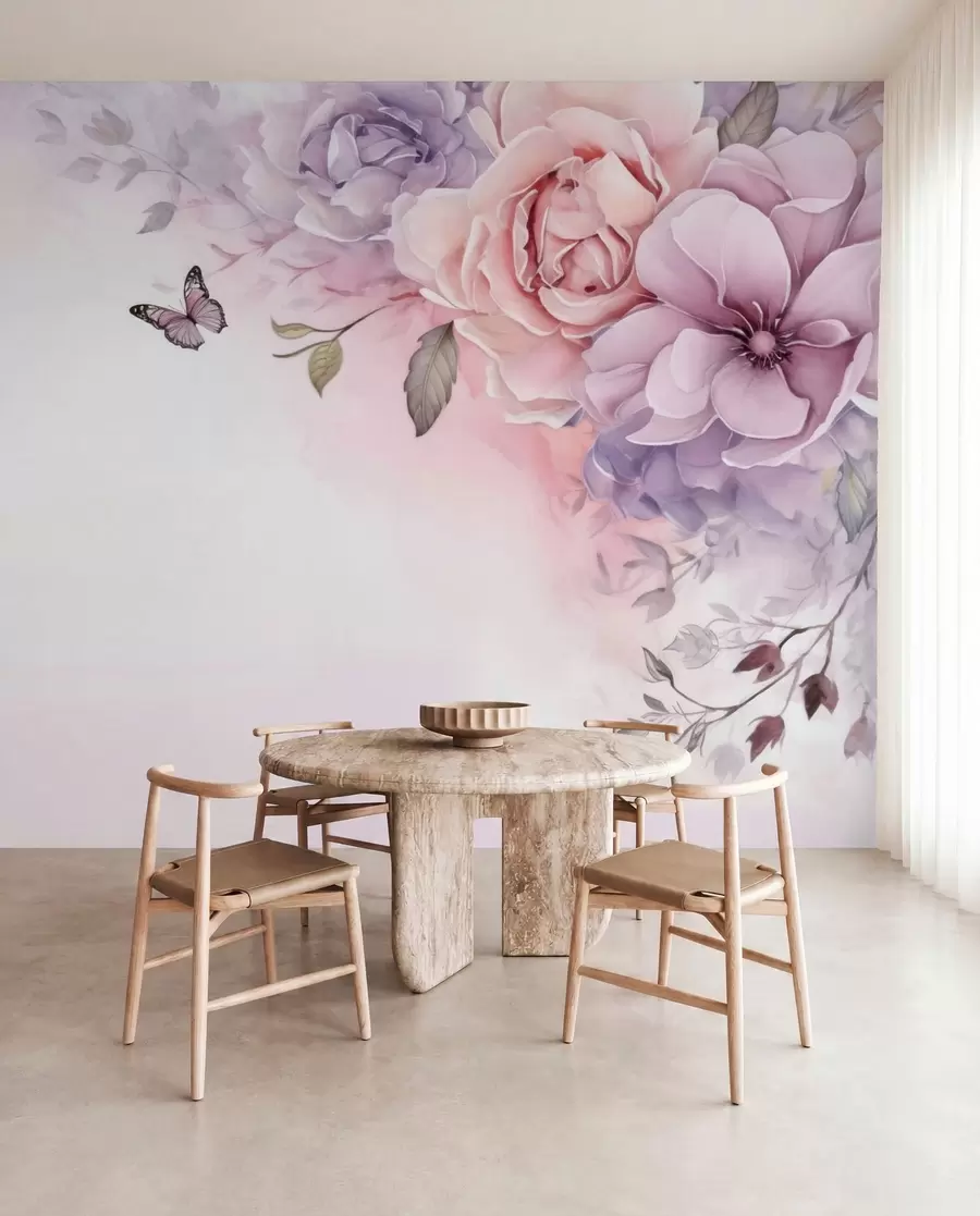 fototapet Flori delicate de culoare roz și liliac cu un fluture w04711
