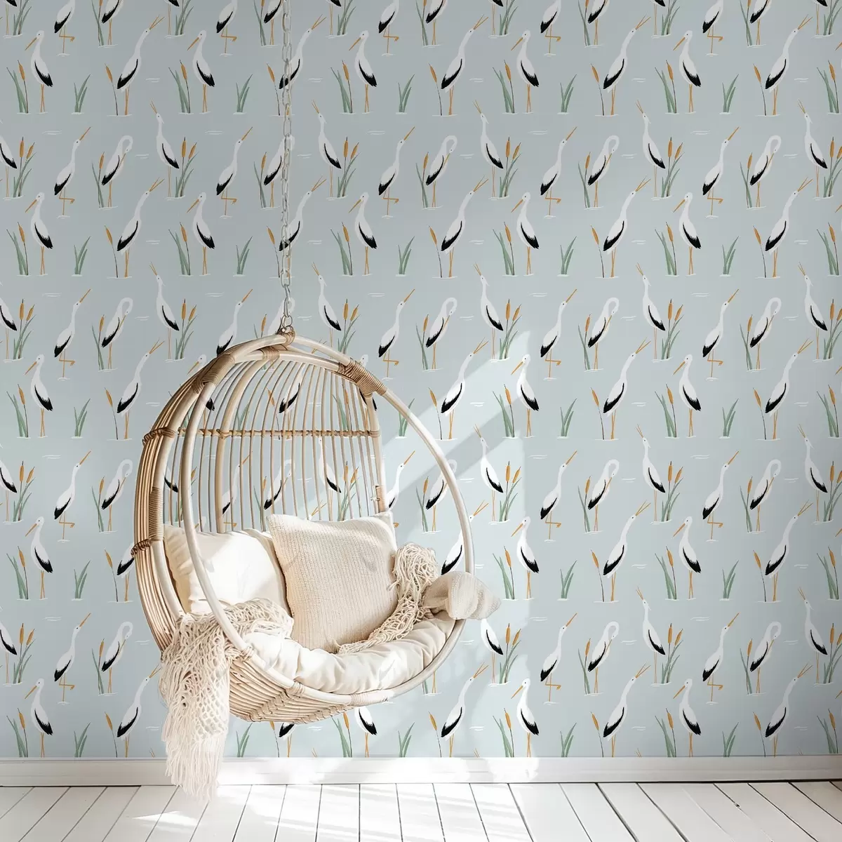 Wallpaper Stârci printre stufărișuri pe un fundal albastru deschis a00650v1