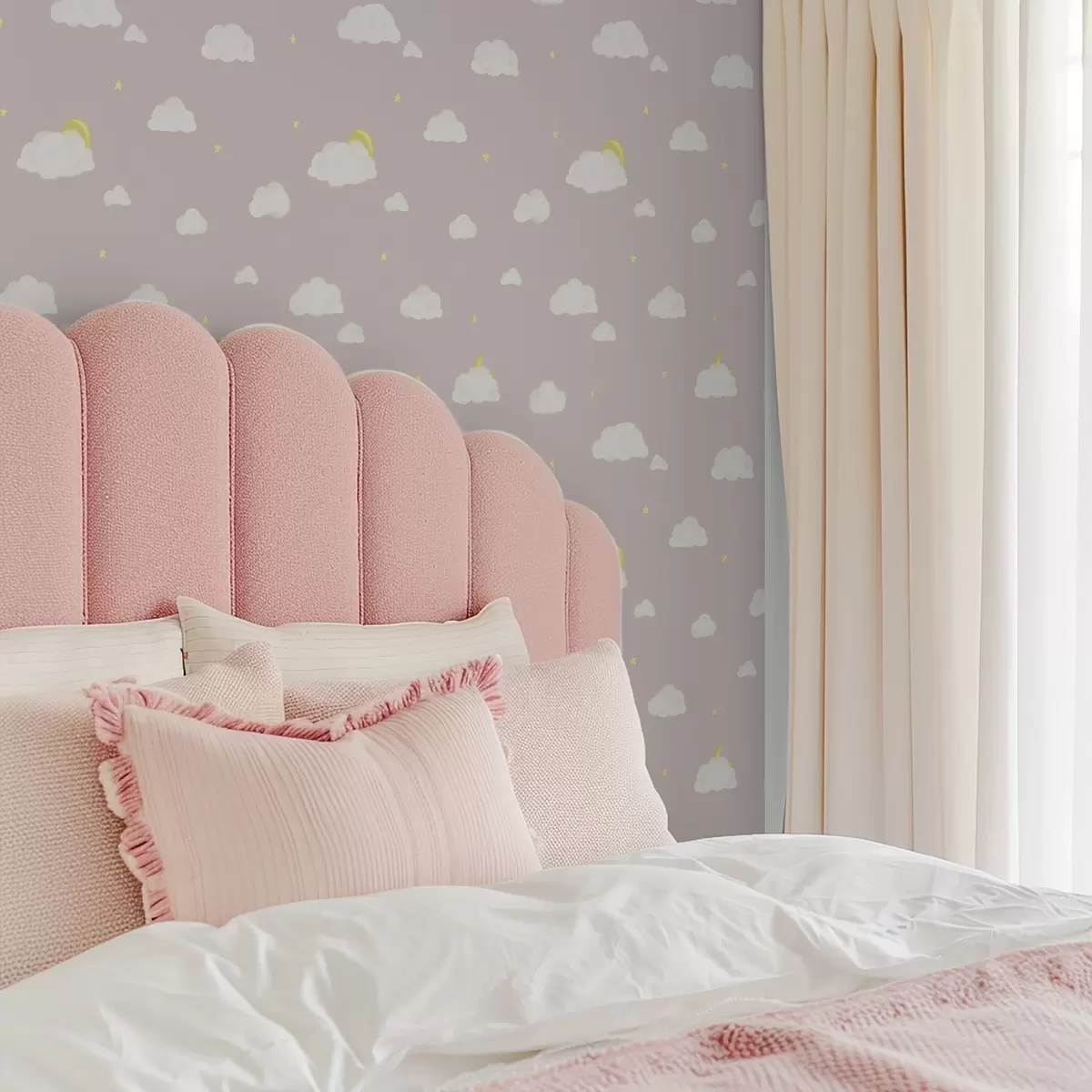 Wallpaper Nori moi, stele și soare pe un fundal gri-rozaliu a00652v2