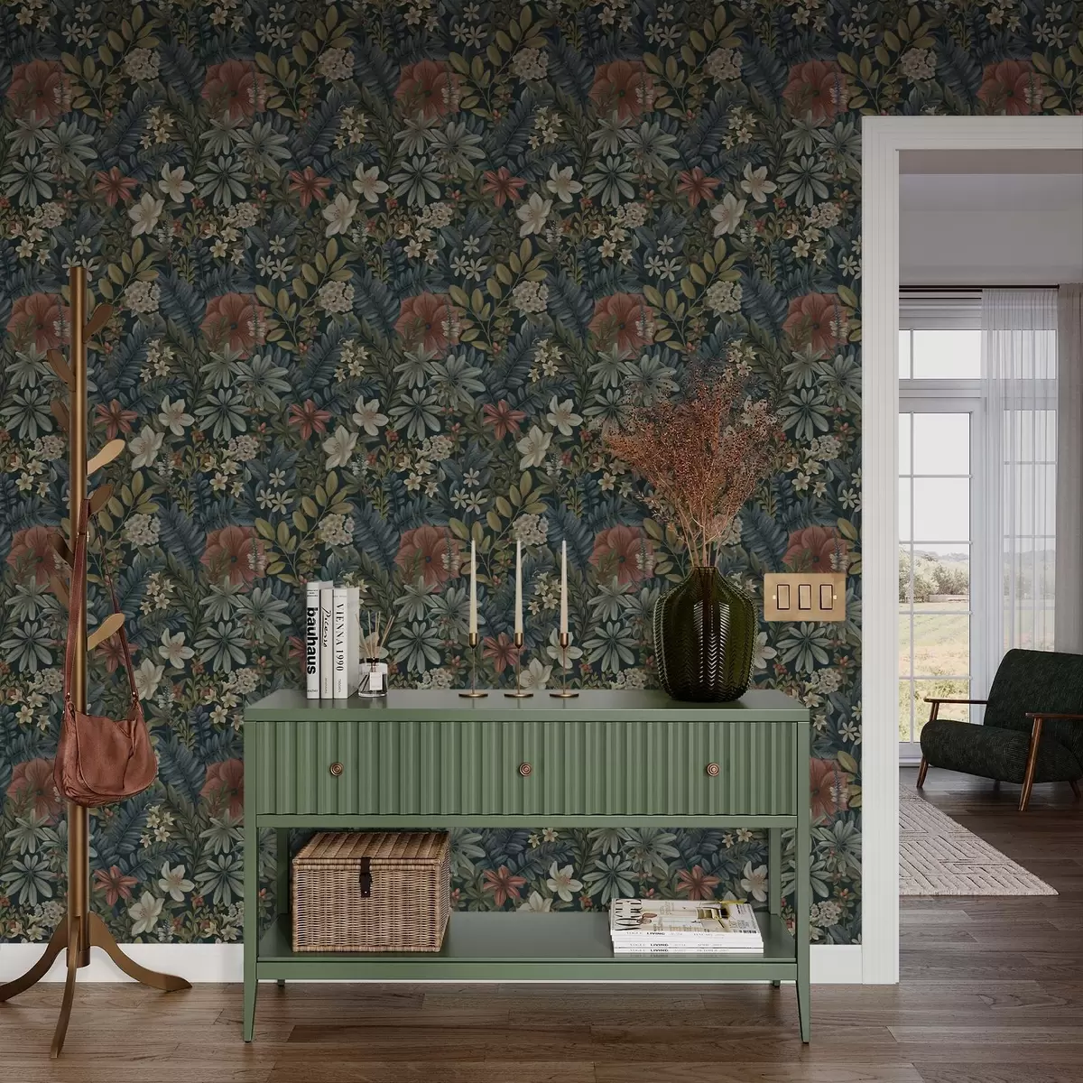 Wallpaper Fundal întunecat cu flori și frunze dense în tonuri calde a00678