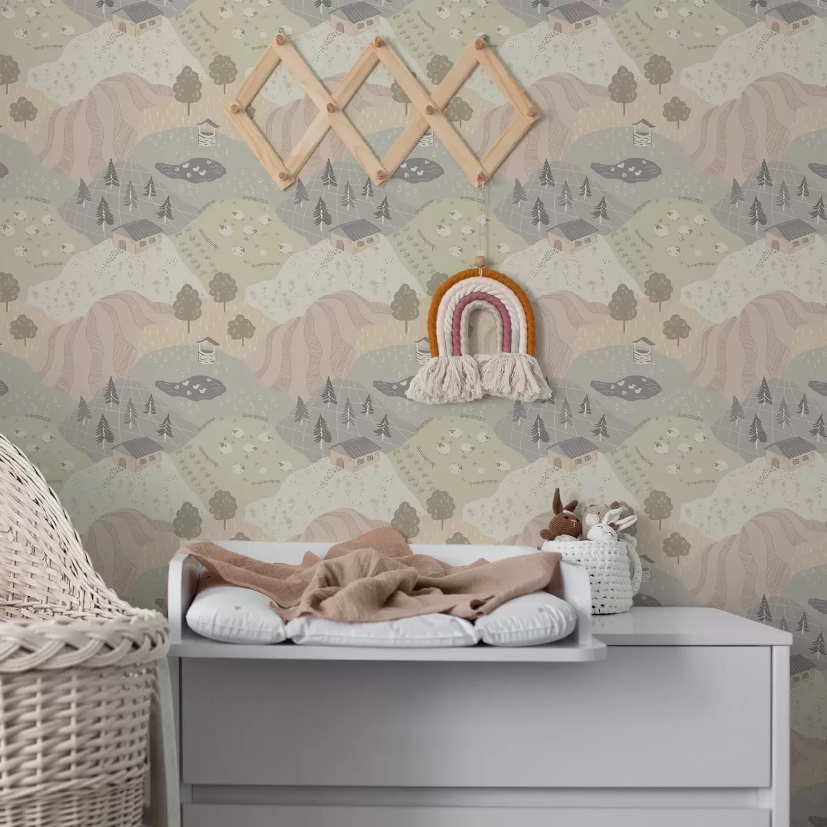 Wallpaper Peisaj rural de basm, cu copaci, gâște și oi a00728