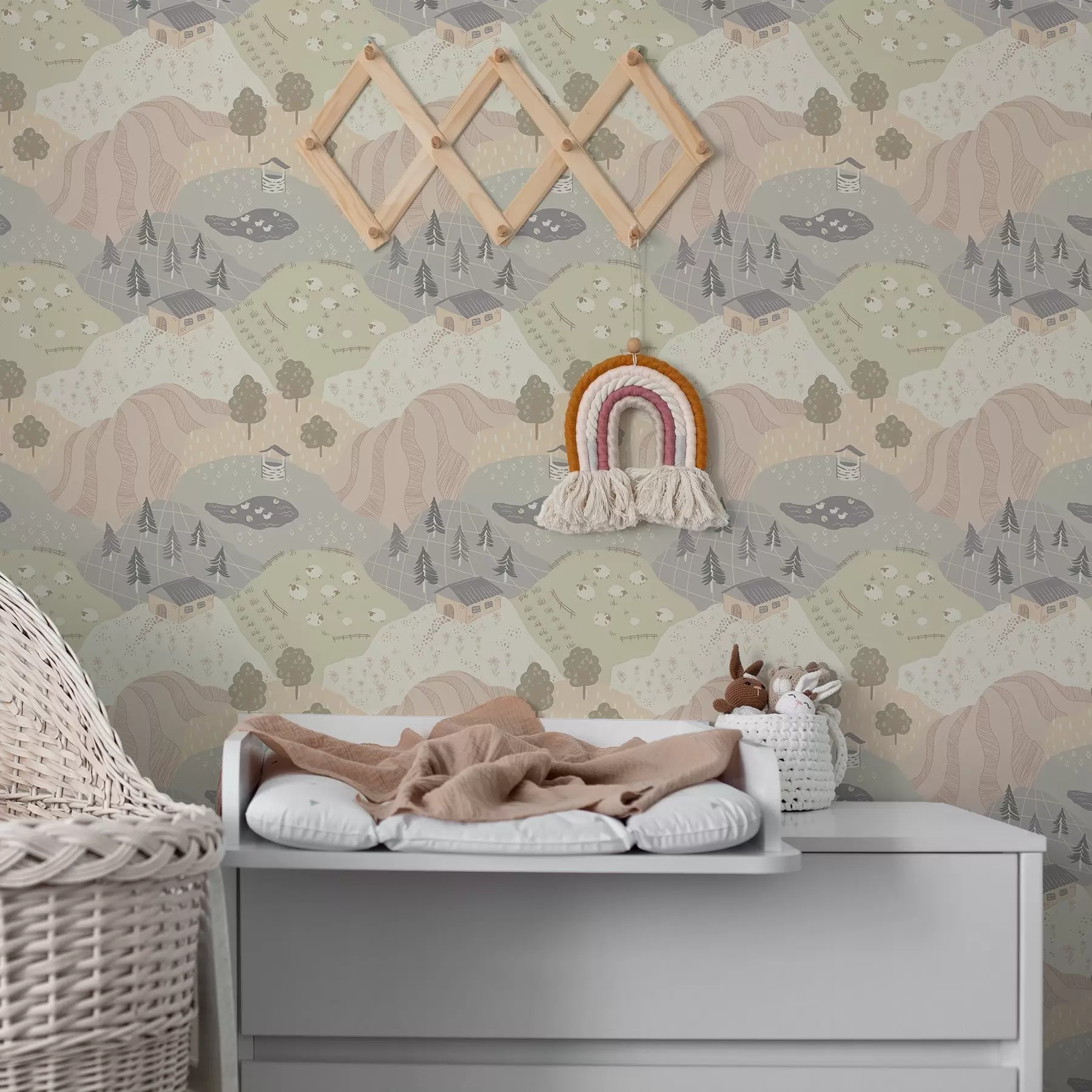 fototapet Peisaj rural de basm, cu copaci, gâște și oi a00728