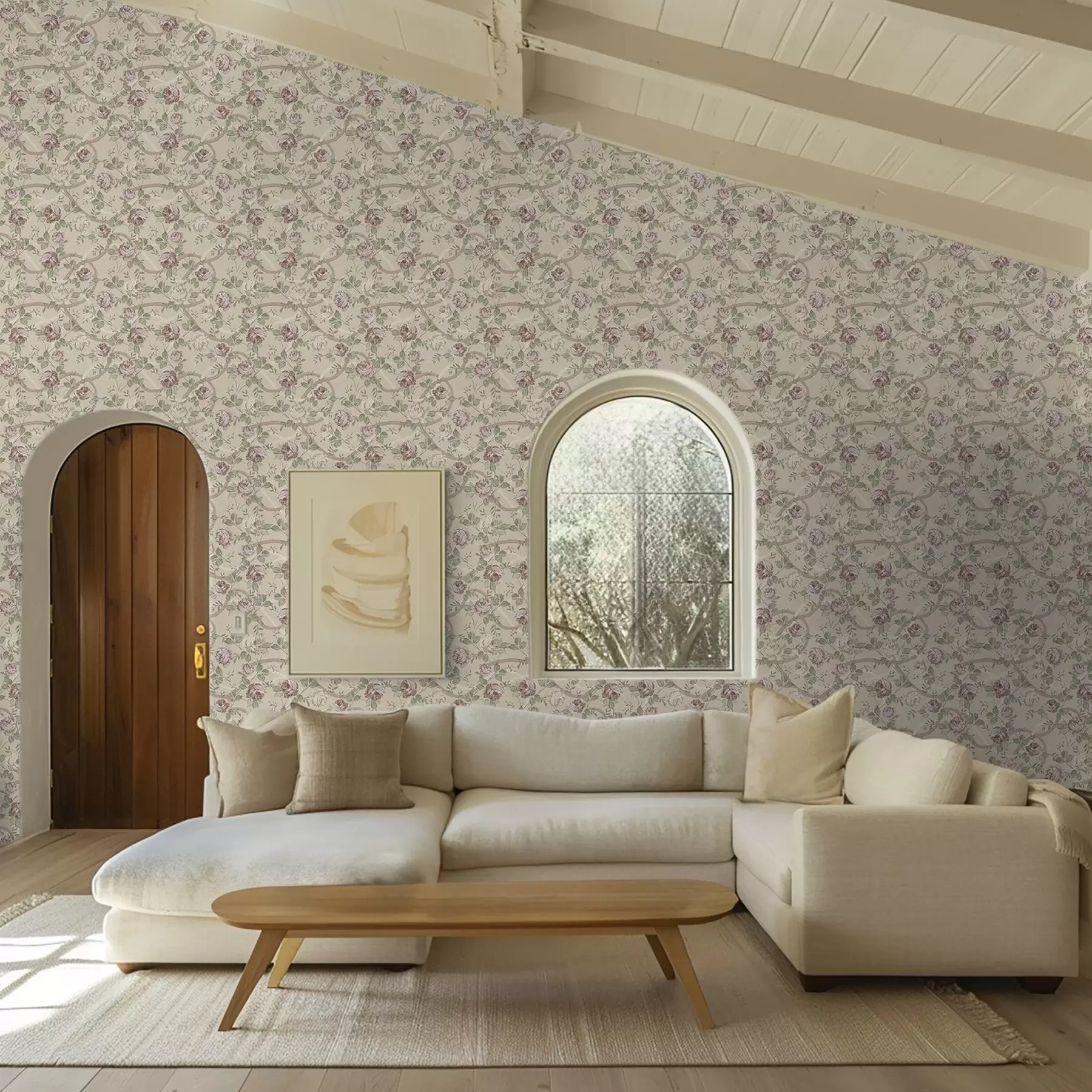 fototapet Trandafiri cu frunze verzi pe un fundal bej cald a00729