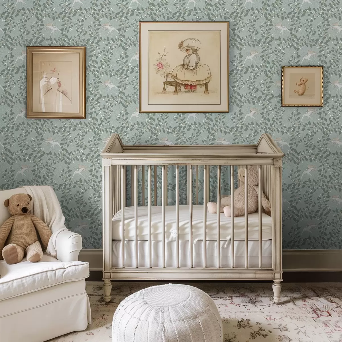 Wallpaper Ramuri cu fructe albe și păsări pe fond verde a00731