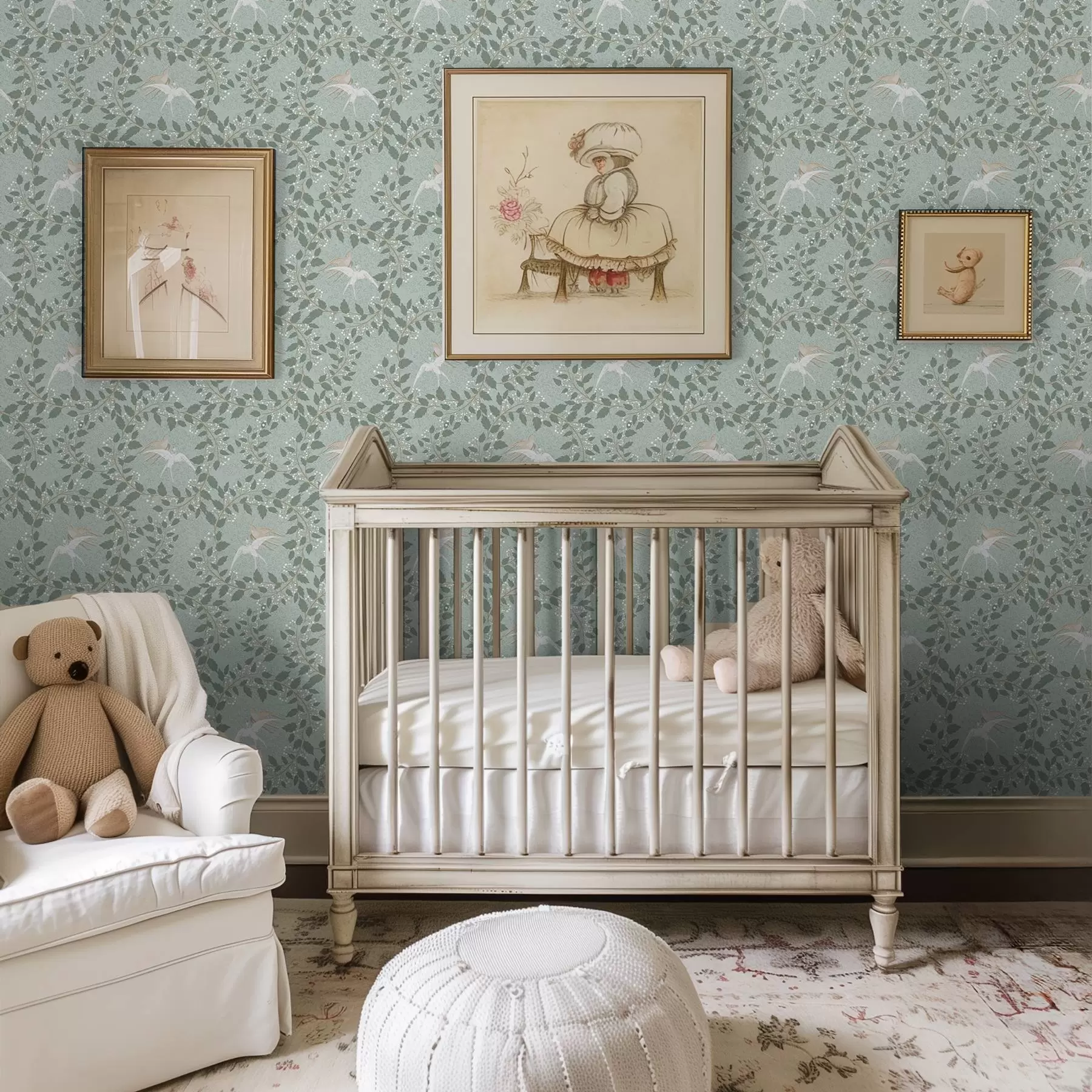 fototapet Ramuri cu fructe albe și păsări pe fond verde a00731