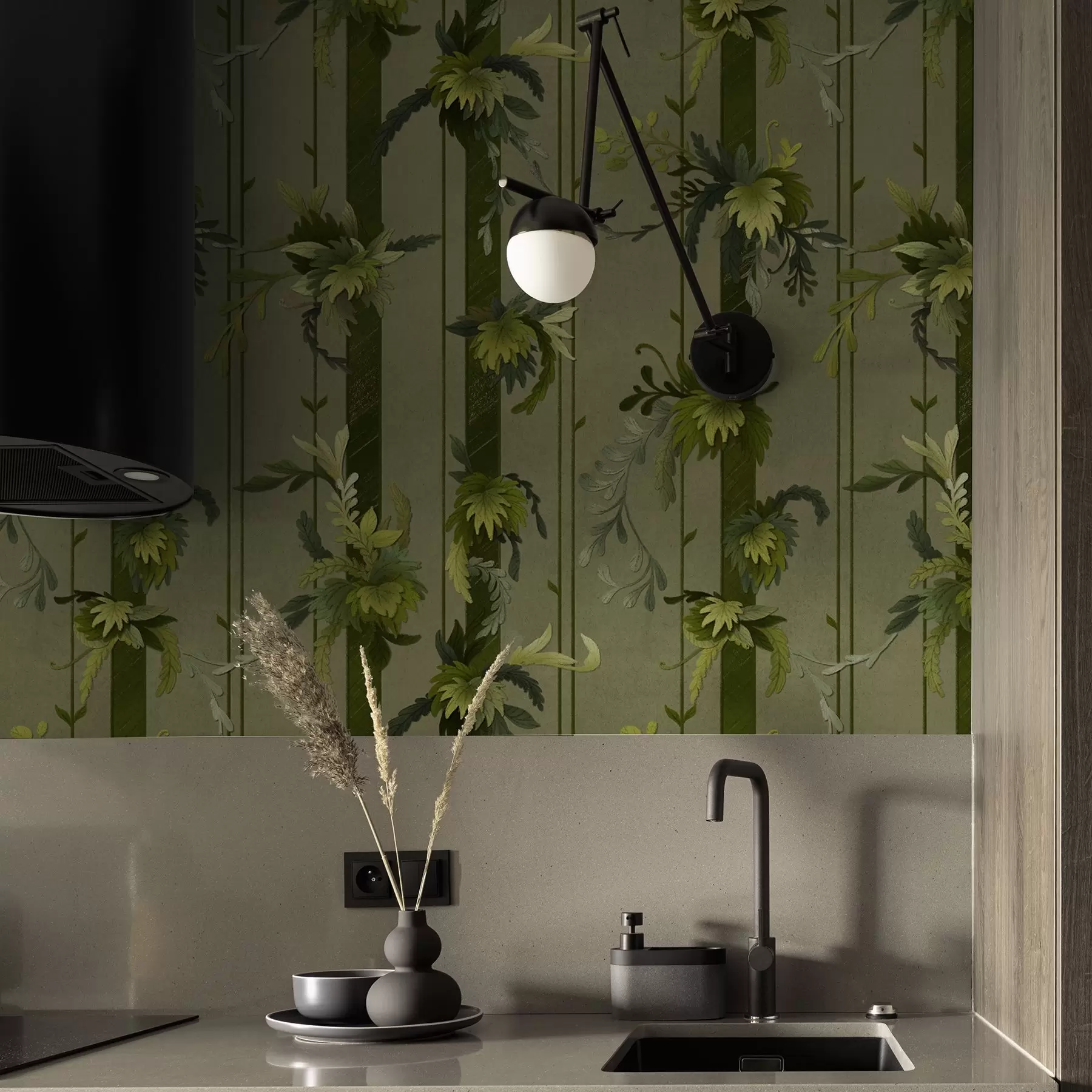 fototapet Frunze și ciorchini de viță de vie în nuanțe de acuarelă verde deschis a00807