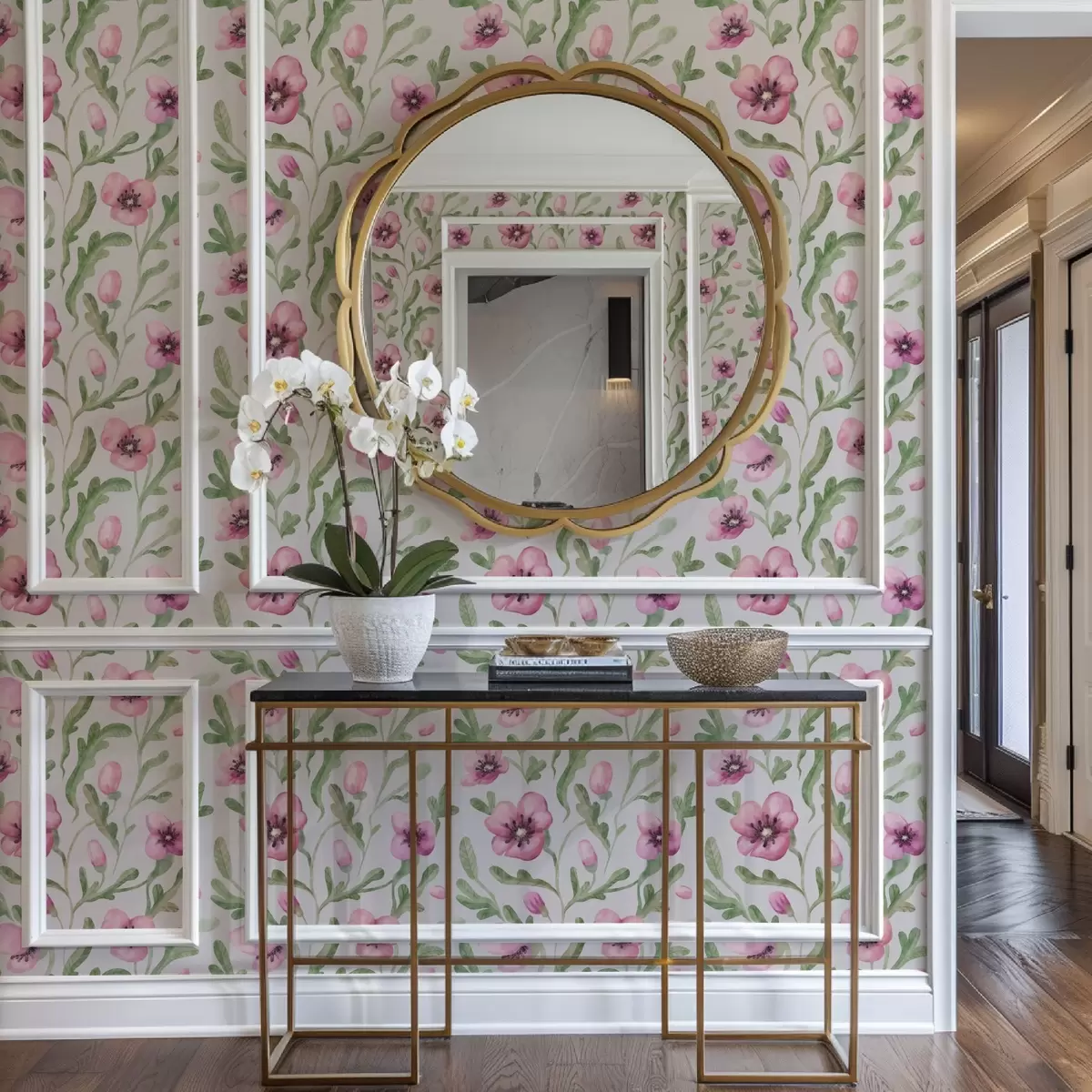 Wallpaper Maci roz delicați cu frunze în tehnică acuarelă a00830