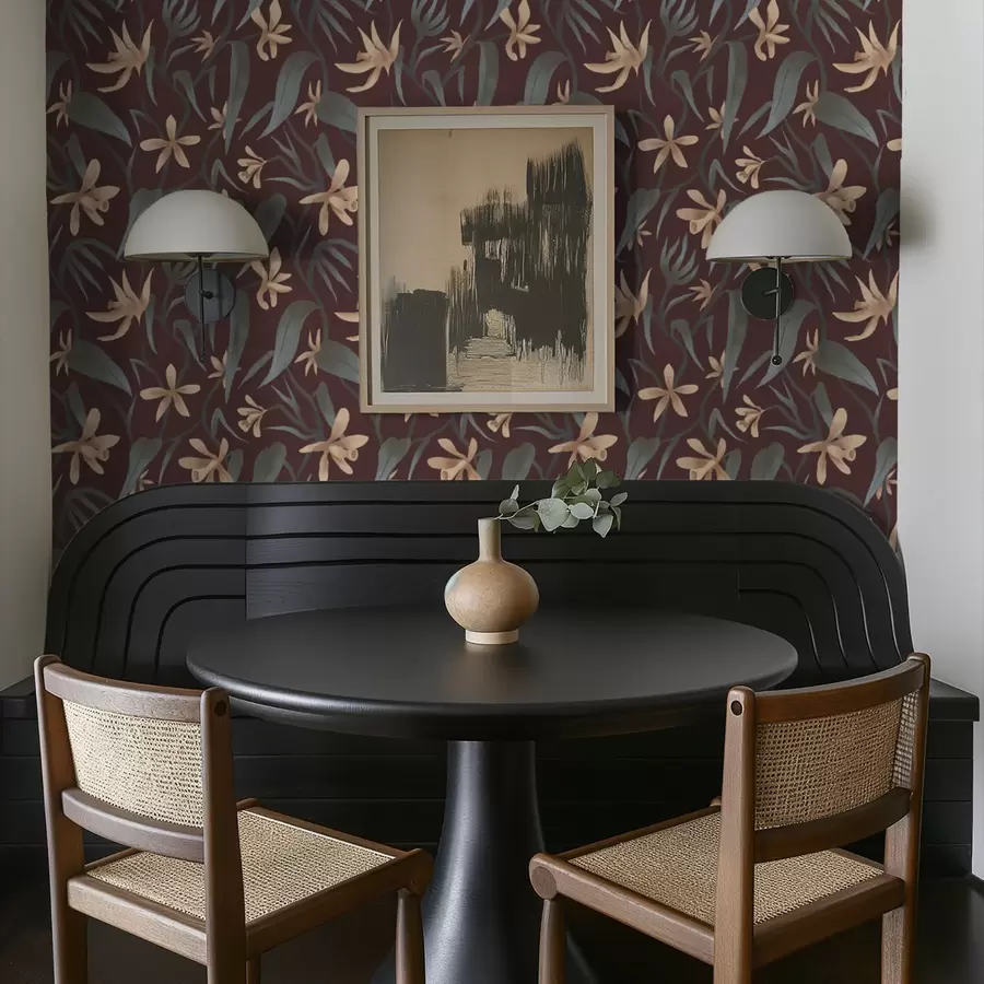 fototapet Flori crem cu frunze gri pe fond burgund a00833