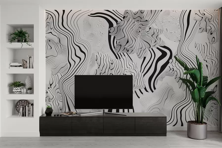 fototapet forme organice abstracte în stil 3D în tonuri de alb și gri cu dungi negre w04627