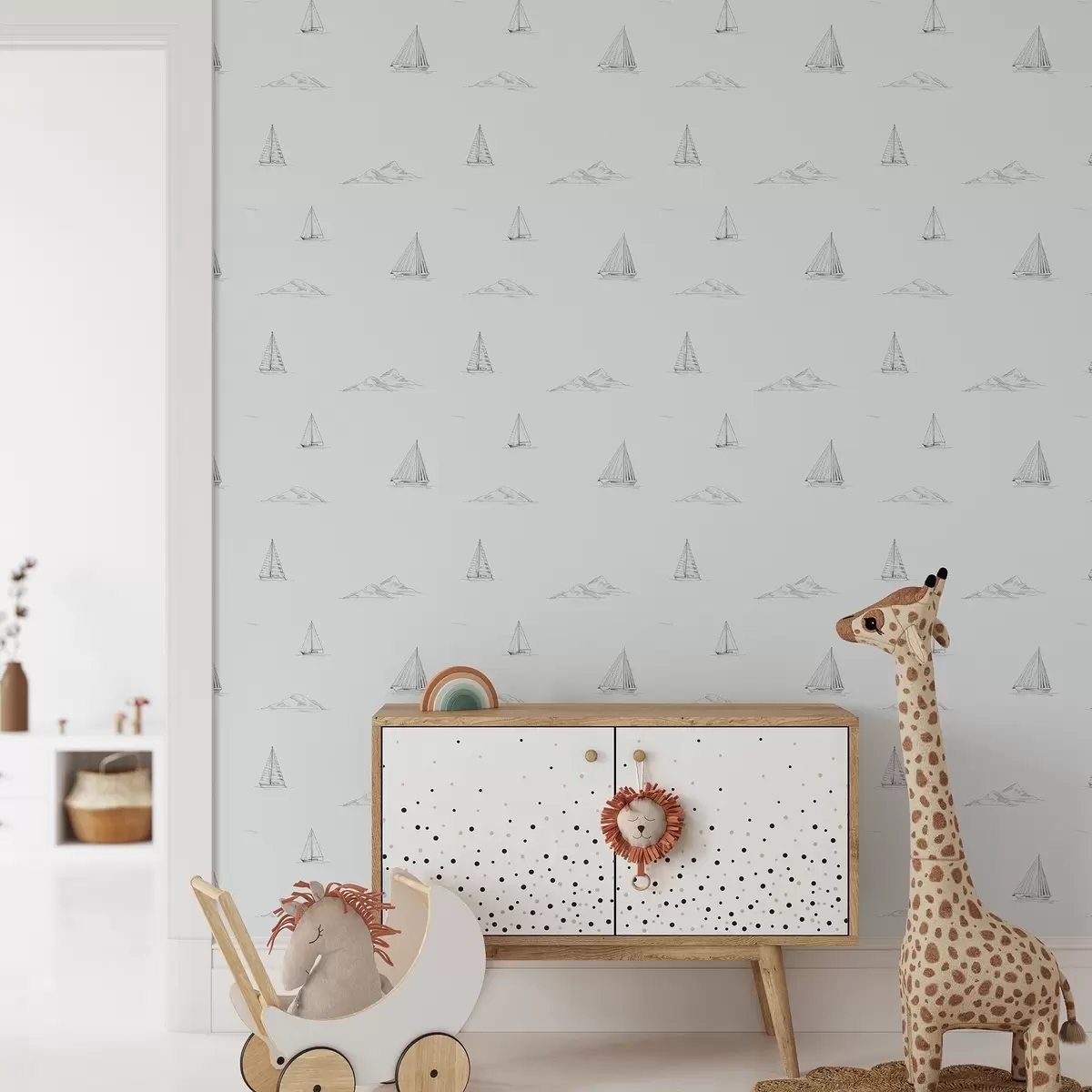 Wallpaper Schițe de iahturi și insule, fundal albastru-gri rece a00654