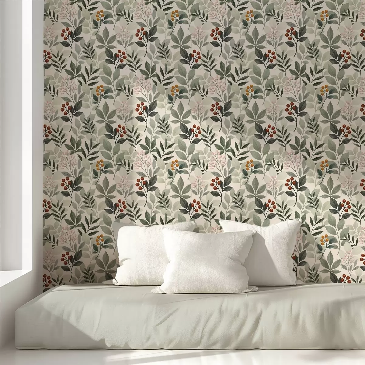 Wallpaper Frunze cu fructe de pădure, fundal deschis a00713