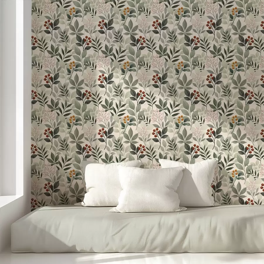 fototapet Frunze cu fructe de pădure, fundal deschis a00713