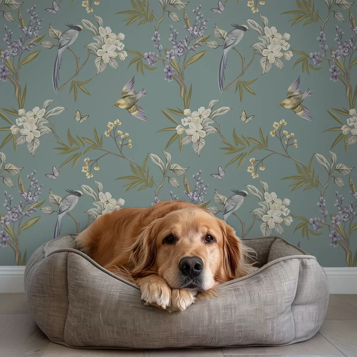 Wallpaper Păsări, flori și fluturi pe un fundal albastru-gri a00735