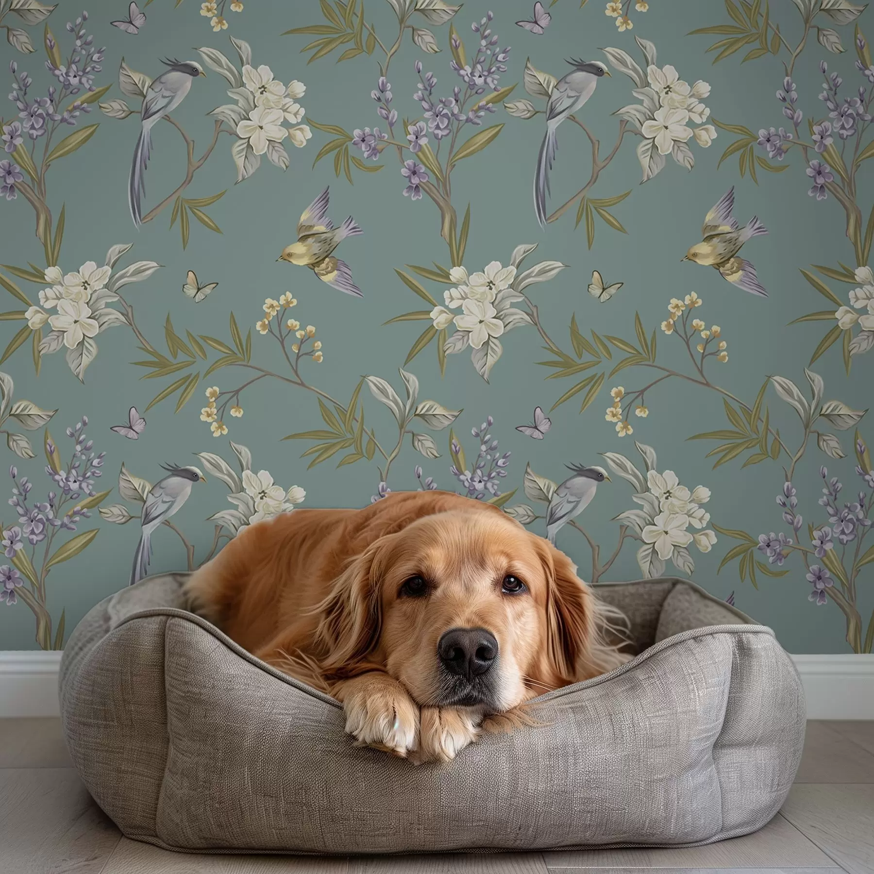 fototapet Păsări, flori și fluturi pe un fundal albastru-gri a00735