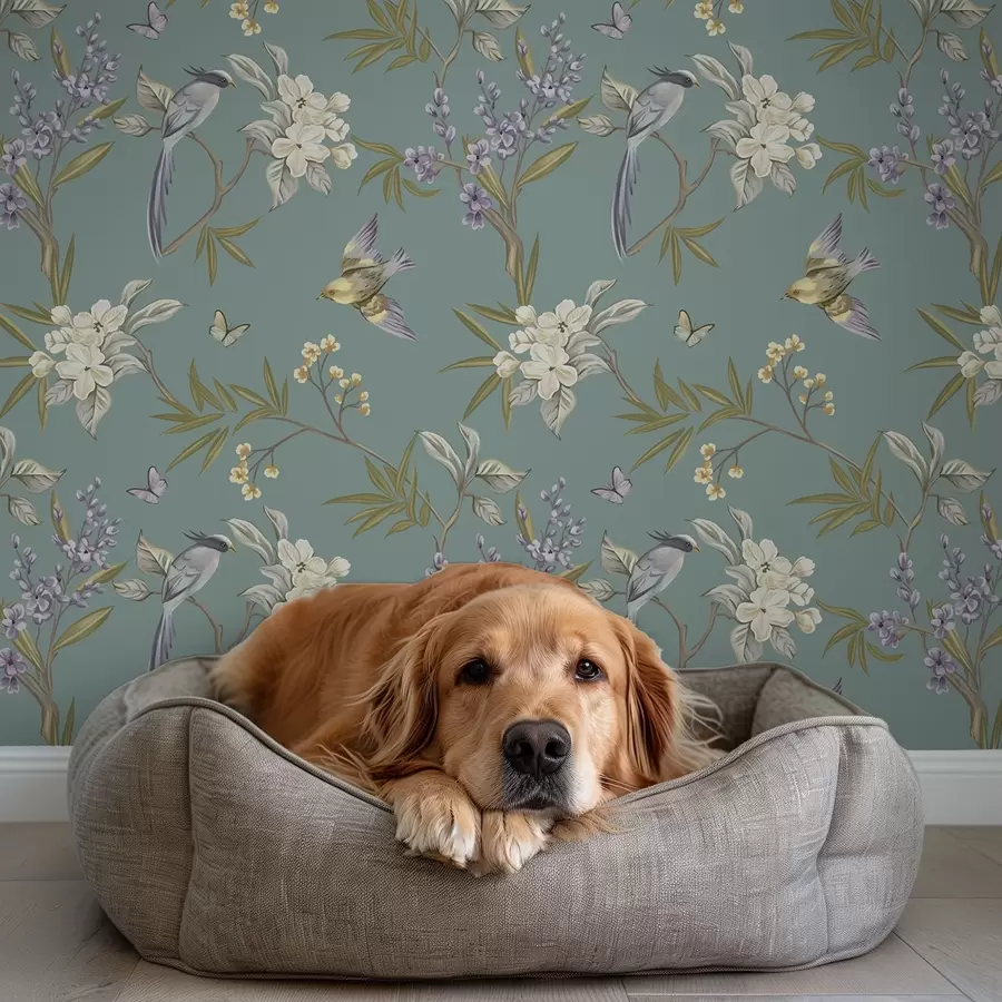 fototapet Păsări, flori și fluturi pe un fundal albastru-gri a00735