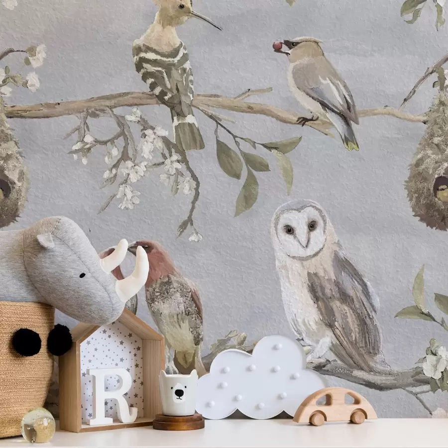 fototapet Păsări pe ramuri cu flori pe fundal gri a00738