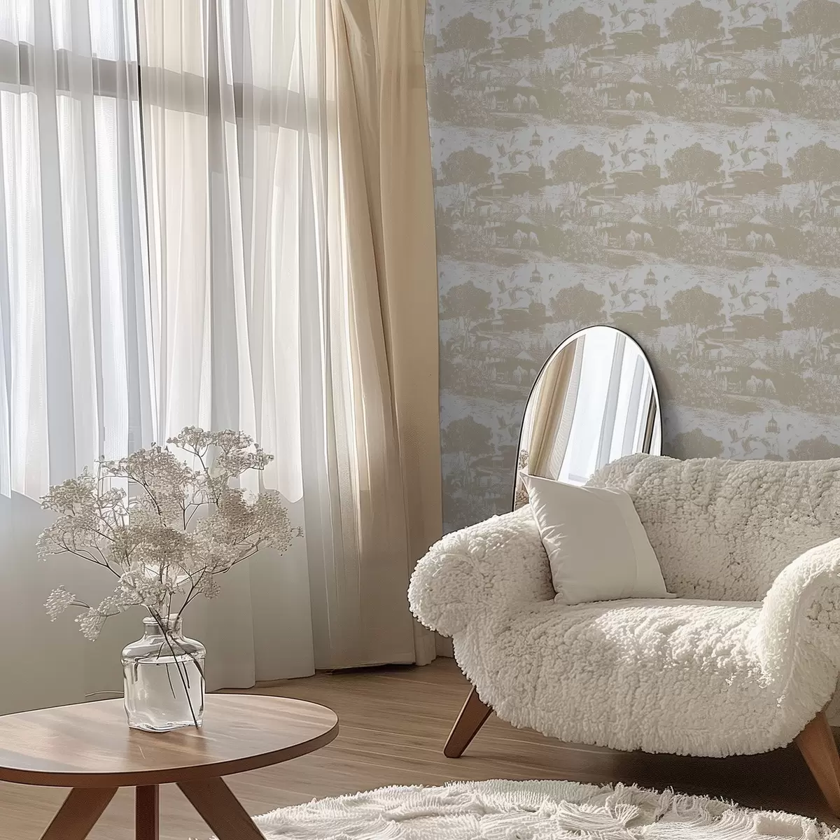 Wallpaper Scena cu far, copaci și case în sienna a00739