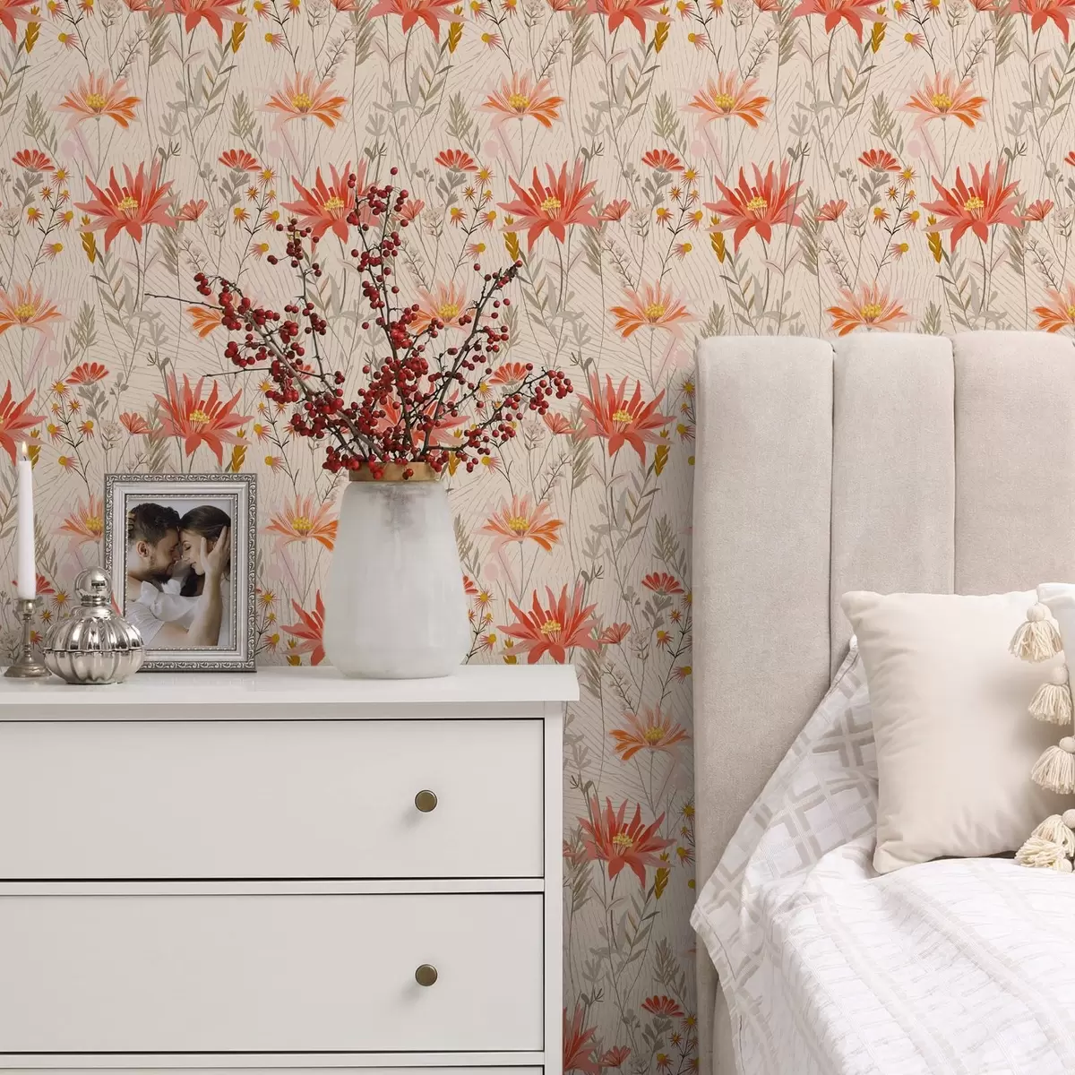 Wallpaper Flori sălbatice în tonuri calde pe fundal bej a00751