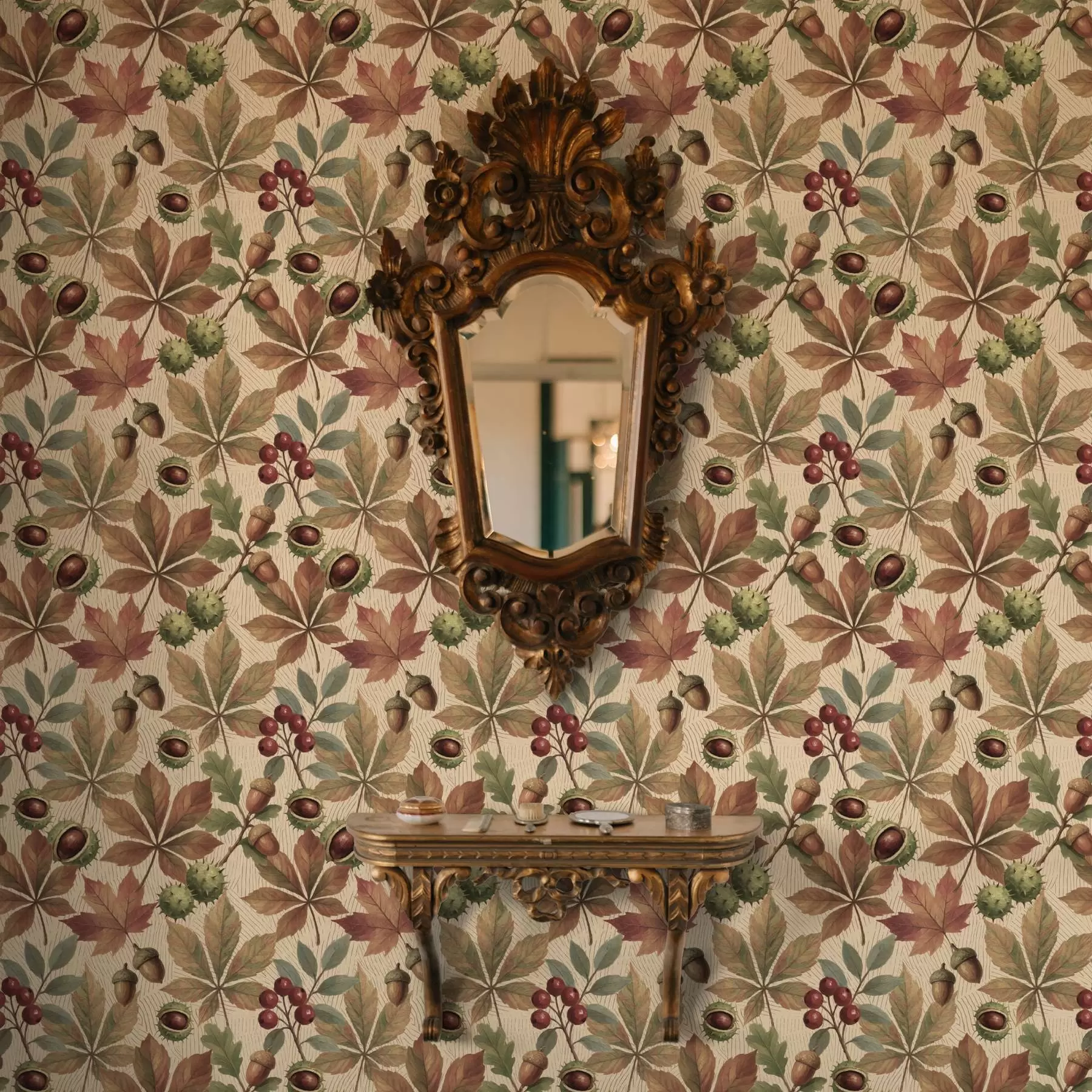 fototapet Frunze de toamnă, ghinde și fructe de pădure pe fundal bej a00754