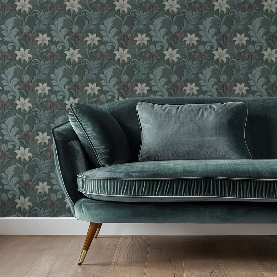 fototapet Fundal verde închis cu iriși și frunze decorative a00755