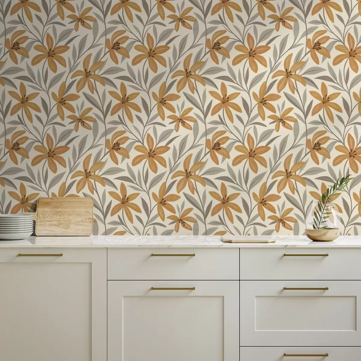 Wallpaper Crini galbeni și frunze gri-verzui pe fundal deschis a00757