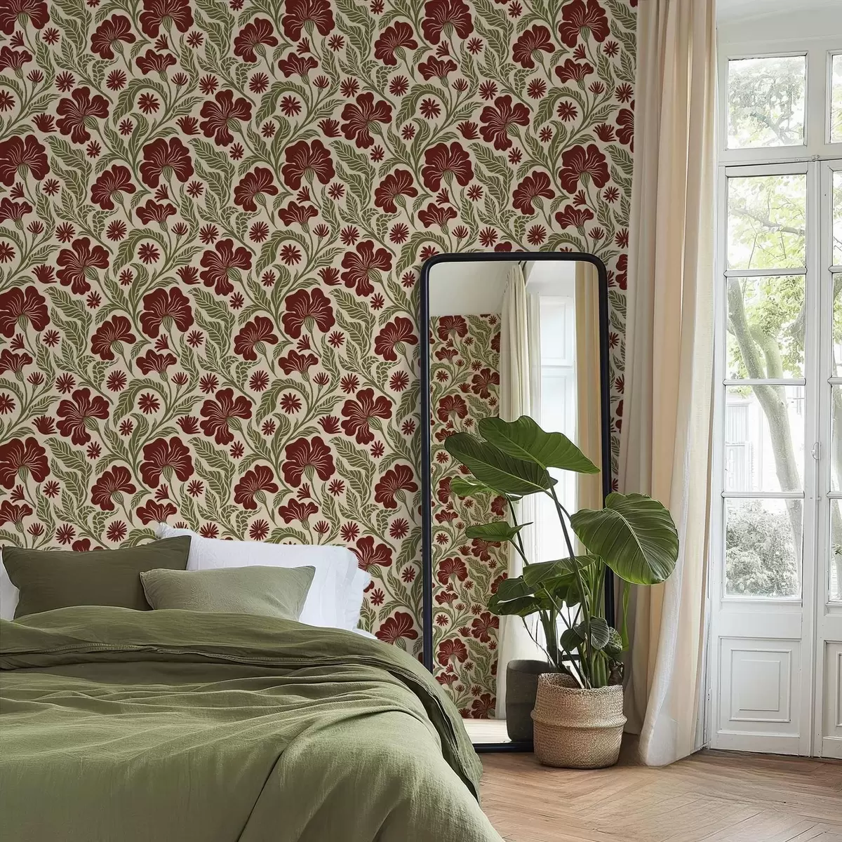 Wallpaper Flori burgund cu frunze verzi pe fundal deschis a00761