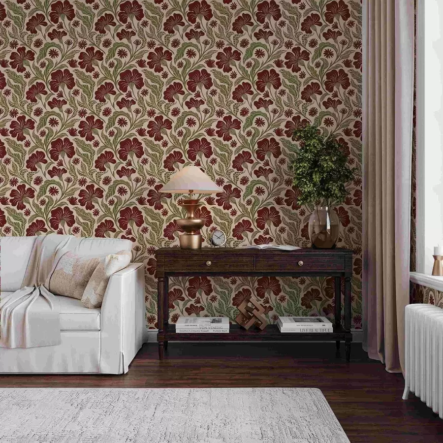 fototapet Flori burgund cu frunze verzi pe fundal deschis a00761