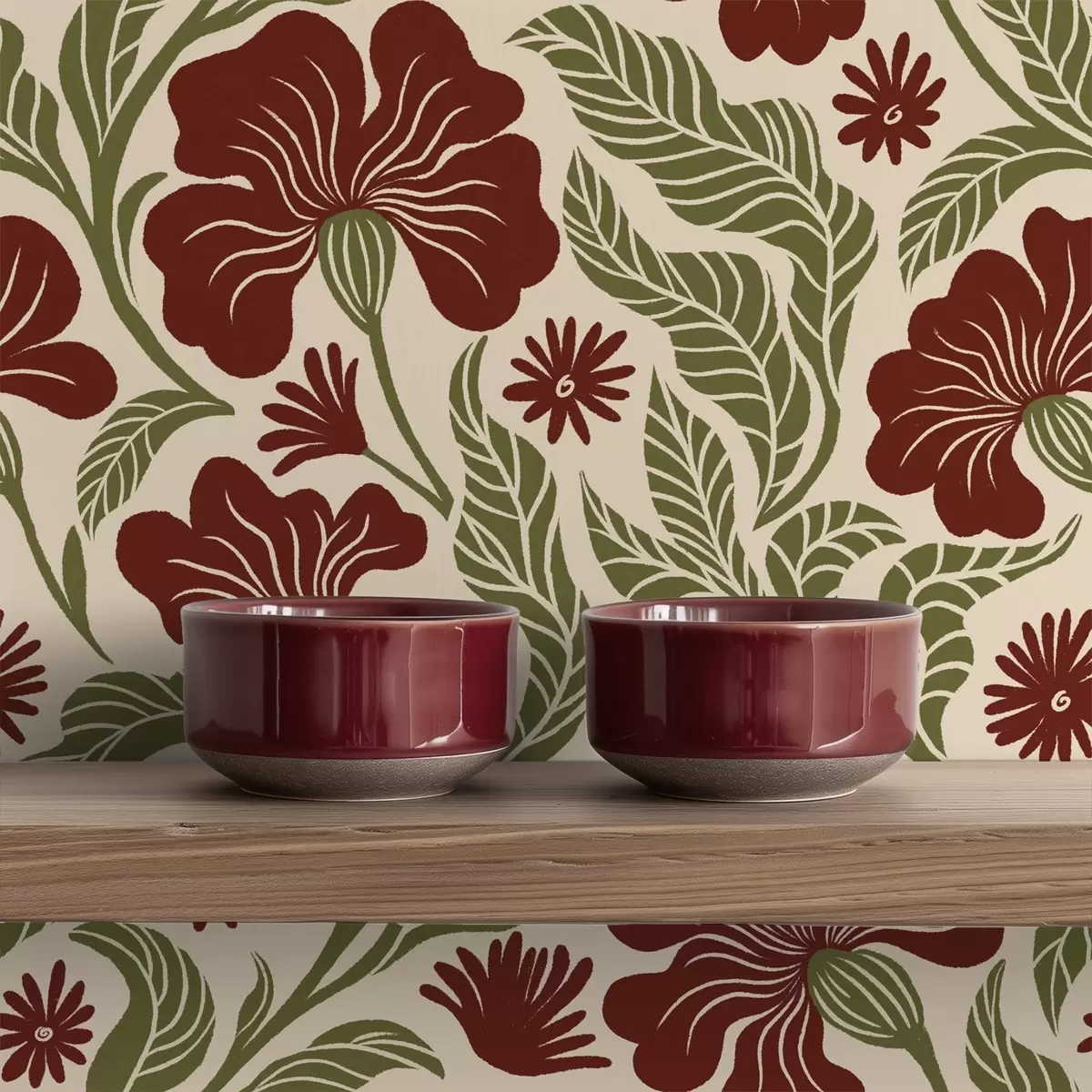 Wallpaper Flori burgund cu frunze verzi pe fundal deschis a00761